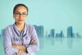 Asian woman business in blurry city background. For individualsÃÂ wocker and business.Metaphor for Success finance Dealing buying o Royalty Free Stock Photo